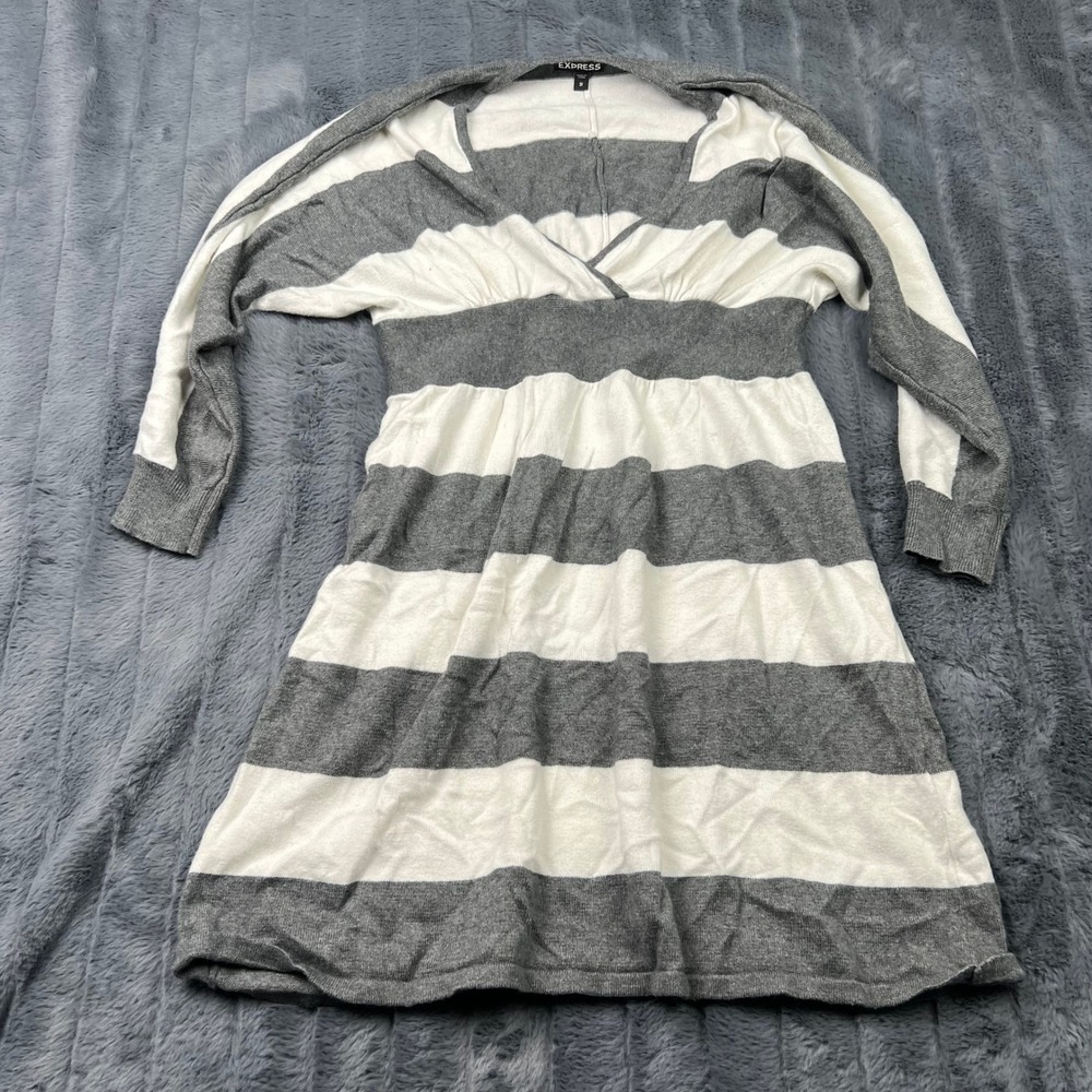 Express Womens Grey White Striped V-Neck Empire Waist Sweater Dress Small